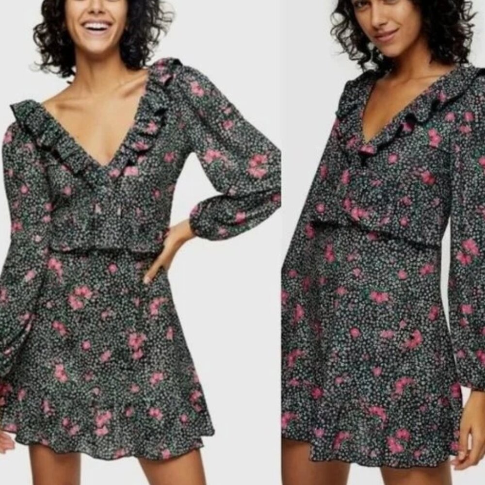 Topshop Long Sleeve V Neck Open Back Jersey Ruffle Floral Mini Dress